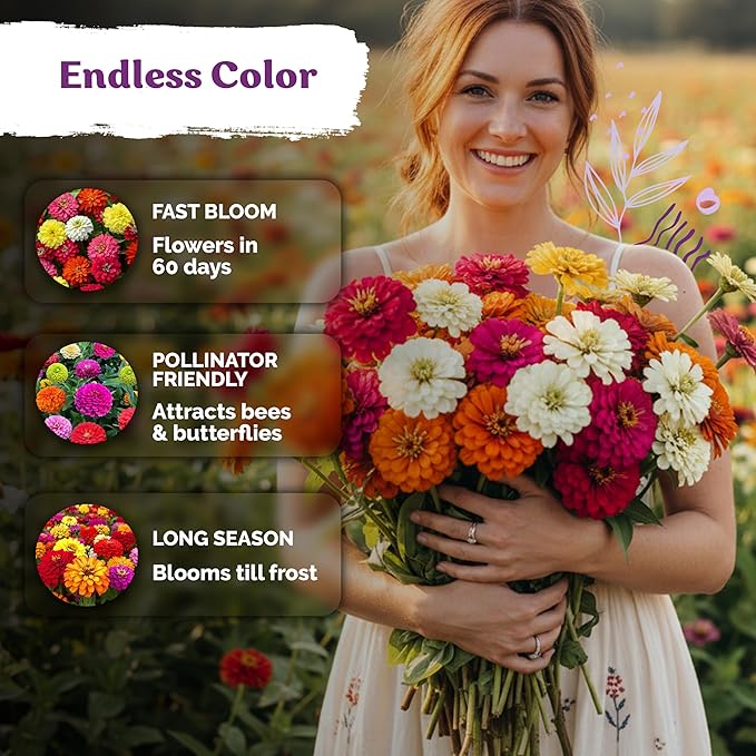 KVITER 550 Crazy Blend Zinnia Seeds for 2025 (Zinnia Elegans) – Double Zinnia Seed Mix, Heirloom Pollinator Magnet – Ideal Flower Seeds for Planting in Cutting Garden, Borders, Containers