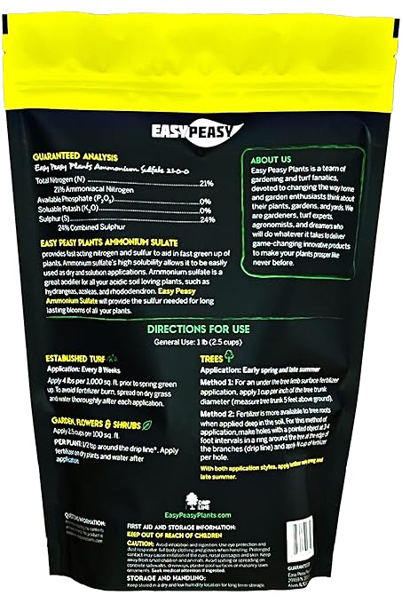 Easy Peasy Plants Ammonium Sulfate - 21-0-0 24S Nutrient Plant Food Blend for DEEP Green Plants and Colorful Blooms - Great Fertilizer Soil Acidifier for Azaleas Blueberries Magnolia and More