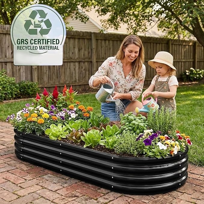 Raised Garden Bed GRS Certified Galvanized Planter Box Outdoor, 5ft Oval Rot-Resistant Metal Garden Bed Planter, Recycled Material Planter for Vegetables Flowers Herbs (Black)