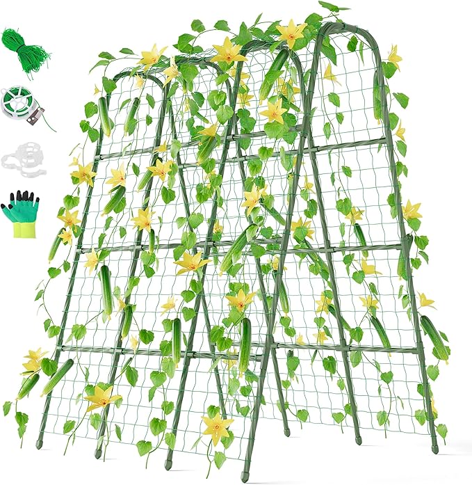 Miory Cucumber Trellis, U Shape Trellis for Raised Bed, Garden Arch Trellis for Climbing Plants Outdoor, Plant Support for Vegetables Vines, Steel with PE Coated (48" Lx32 Wx63 H)