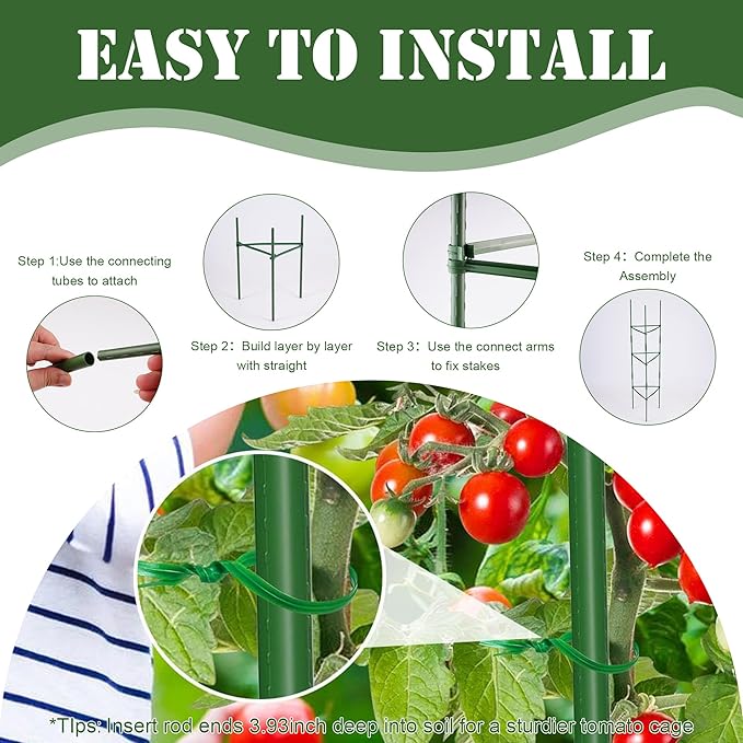 6Packs Tomato Cages, Tomato Trellis for Raised Garden Bed Adjustable Plant Support for Climbing Plants Outdoor Triangle or Square Stake Support for Tomatoes, Vine Climbing Plant(Up to High: 47.2'')