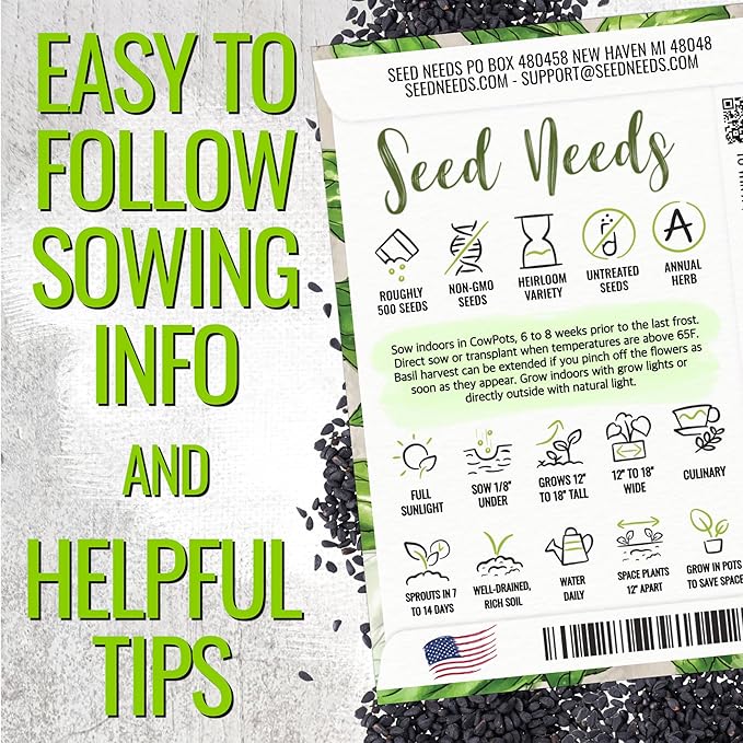Seed Needs Basil Seeds for Planting Italian Large Leaf Herbs - Non-GMO Heirloom & Untreated - Grow an Indoor or Outdoor Home Grown Herb Garden (5 Packs)