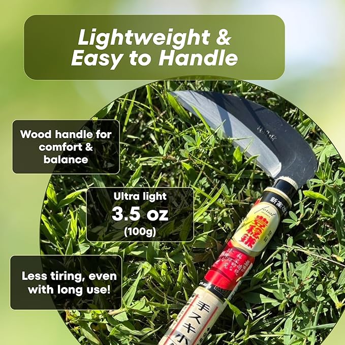 Hounen Miyawaki Japanese Weeding Sickle Kama (4.7" (12 cm) Blade) – Curved Serrated Pull-Cut High-Carbon Steel Weed & Grass Cutter, Ultra-Light 3.5 oz (100 g), 11" (28 cm) Wood Handle, Made in Japan