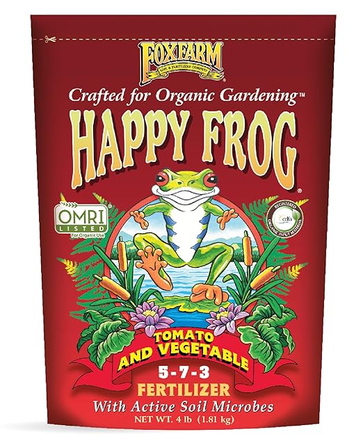 FoxFarm Happy Frog Tomato & Vegetable Fertilizer - Vegetable Fertilizer for Vigorous Feeders, 5-7-3 Blend with Calcium & Mycorrhizal Fungi, Supports Abundant Fruit Development, 4 lb
