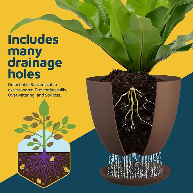 Planter Pots with Drainage Holes - Lightweight, Durable & Space-Saving Pots for Indoor and Outdoor - Versatile Functionality, Simple Modern Design, Set of 5 Plastic Planter Pots - Brown