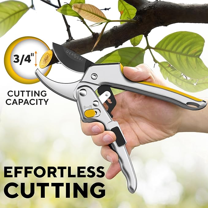 Ratchet Pruning Shears for Gardening Heavy Duty - Increases Cutting Power 3x - Perfect Ratchet Pruners for Weak Hands & Arthritis - 8” Anvil Garden Clippers - Sharp Blade for Effortless Cutting-Yellow