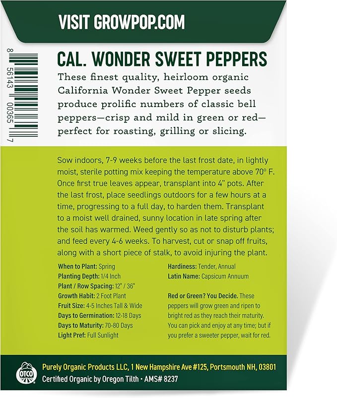 Organic Sweet Pepper Seeds (California Wonder) - Approx 25 Seeds - USDA Organic, Non-GMO, Open Pollinated, Heirloom, USA Origin