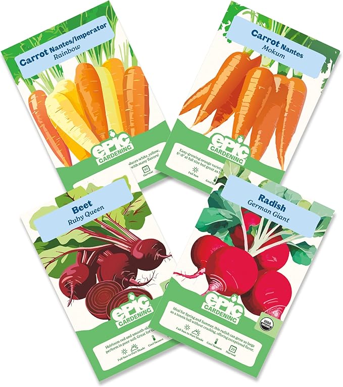 Epic Gardening Roots Seed Bundle - 4 Non-GMO Heirloom Varieties, Includes Beets, Rainbow Carrots & Radishes, Grow Nutritious Root Vegetables for Roasting, Soups & Healthy Homegrown Meals