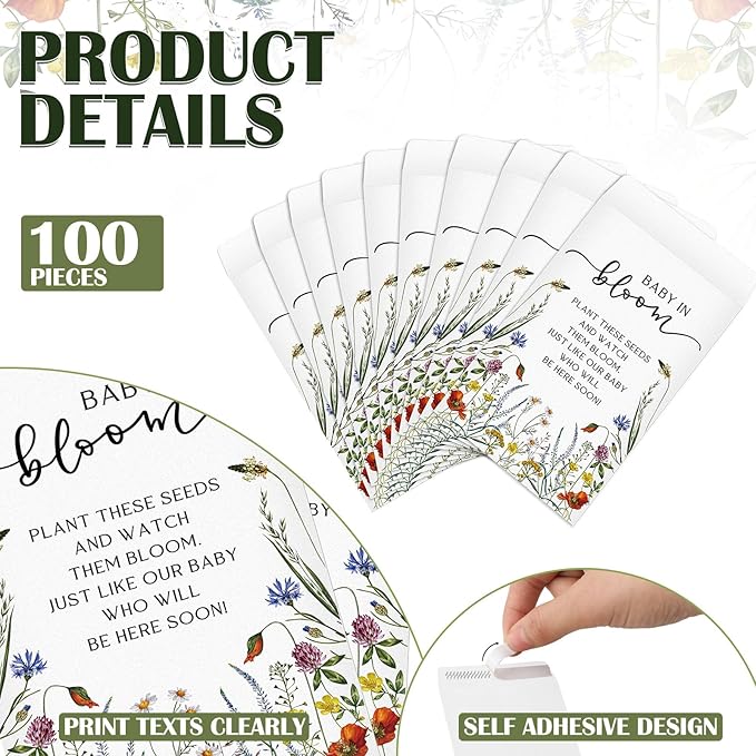Fumete 100 Pcs Baby in Bloom Seed Packet Favors Wildflower Baby Shower Self Adhesive Envelopes for Guests Flower Packet Kraft Mini Organizer Decorations for Party Gift Favors, No Seeds (Wildflower)