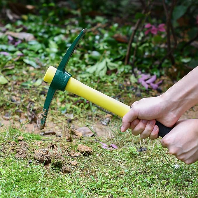 Forged Adze Pick, Weeding Mattock Hoe, Pick Axe 15-Inch, One Piece Intact Drop Forged, Plastic Coated Fiberglass Handle, 1.4LB