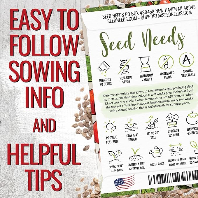 Seed Needs Tiny Tim Tomato Seeds for Planting Dwarf Cherry Tomatoes - Non-GMO Heirloom & Untreated Veggie Seed to Plant a Home Grown Outdoor Vegetable Garden (2 Packs)