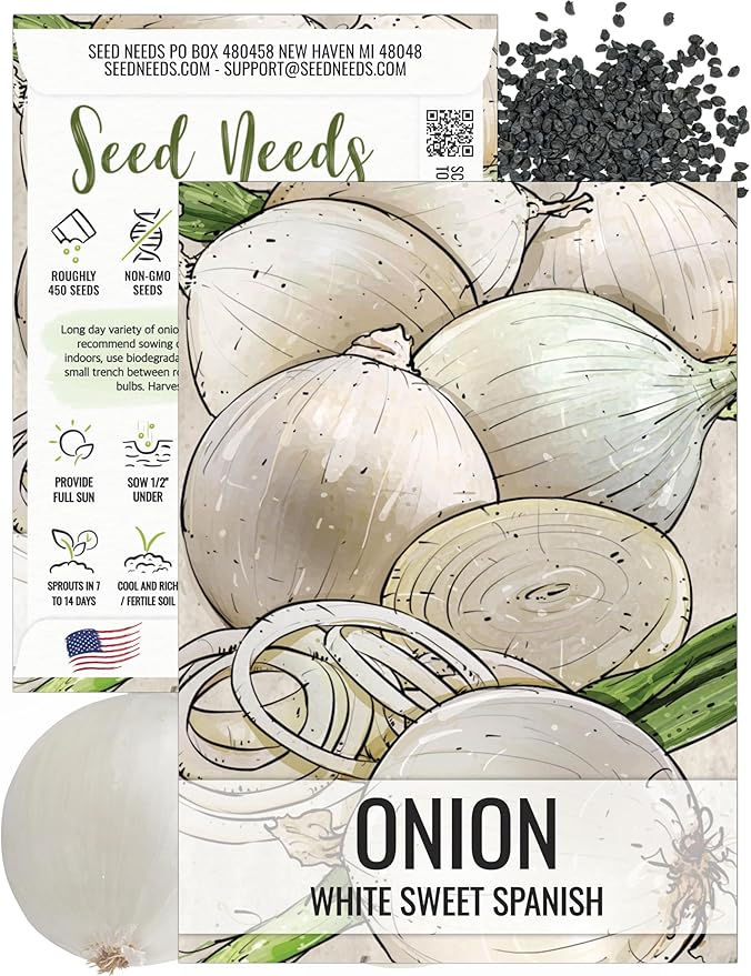 Seed Needs Onion Seeds for Planting White Sweet Spanish Long Day Onions - Non-GMO Heirloom & Untreated Vegetable Seeds to Plant an Outdoor Home Grown Veggie Garden (1 Pack)