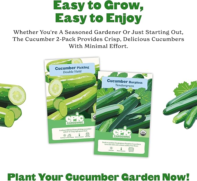 Epic Gardening Cucumber Seed Bundle - 2 Non-GMO Varieties, Includes Double Yield & Tendergreen Cucumbers, Perfect for Salads, Snacking or Pickling, Great for Backyard or Raised Bed Gardens