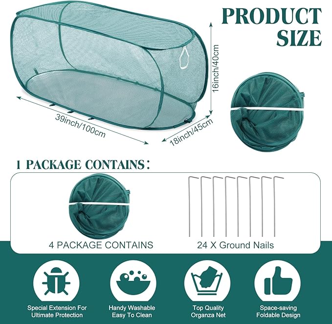 2 Pcs 39" x 18" x 16" Pop up Garden Mesh Plant Cover Outdoor Plant Protector Garden Row Raised Bed Cover with Ground Nails Crop Cage Net for Seedlings Vegetable Fruit Herbs (Dark Green)