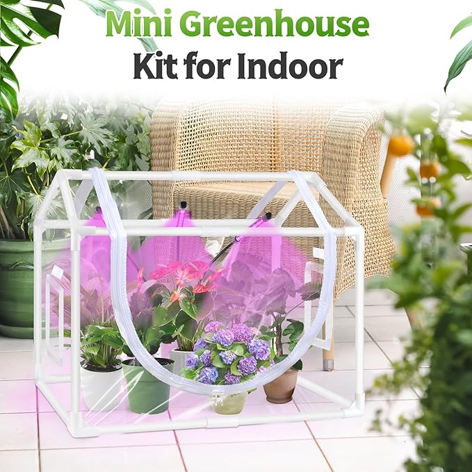 Tabletop Mini Greenhouse Indoor with Grow Light, Small Greenhouse Kit for Indoors, Tiny LED Plant Nursery with Timer & Zippered Door for Seed Starter, 25.6" L x 15.8" W x 20" H