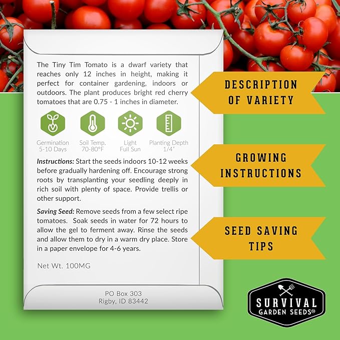 Tiny Tim Tomato Seeds - Dwarf Cherry Tomatoes for Planting Indoors or Patio, Compact Heirloom Variety for Containers, High Yield, Non-GMO - Survival Garden Seeds (5 Packs)