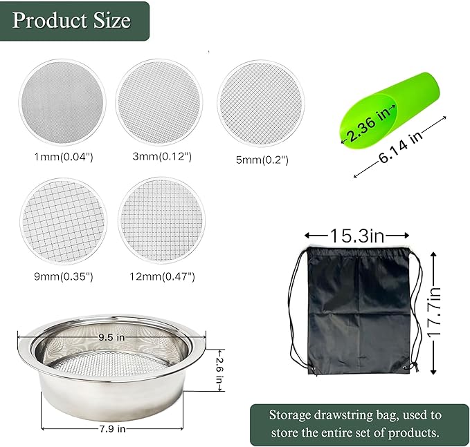Soil Sifter for Gardening, Stainless Steel Sifting Pan Dirt Sifter, 9.5in Rock Sifter with 5 Sieve Mesh Filter Sizes
