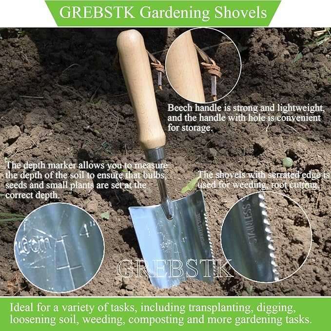 GREBSTK Gardening Shovels Stainless Steel Transplanter Garden Trowel Depth Marker Measurements Shovel Weeding Tool