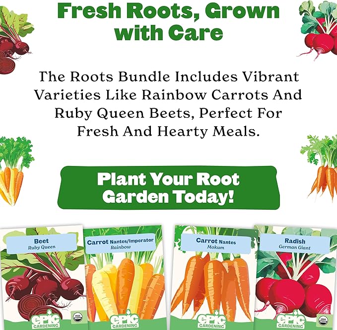 Epic Gardening Roots Seed Bundle - 4 Non-GMO Heirloom Varieties, Includes Beets, Rainbow Carrots & Radishes, Grow Nutritious Root Vegetables for Roasting, Soups & Healthy Homegrown Meals