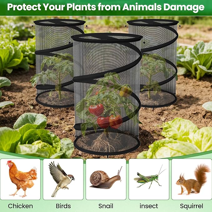 4 Pack Pop up Plant Guard Covers Tent from Animals Black, 19.6" x 11.8" Foldable Plant Protectors Mesh Net, Garden Plant Enclosure Protection Cage with Stakes & Carry Bag for Outdoor Plants