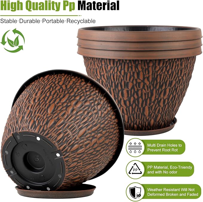 4 Pack 8 Inch Plant Pots Outdoor Indoor, Small Flower Pots with Drainage Hole & Tray, Thickened Plastic Outdoor Planters for Garden House Decor