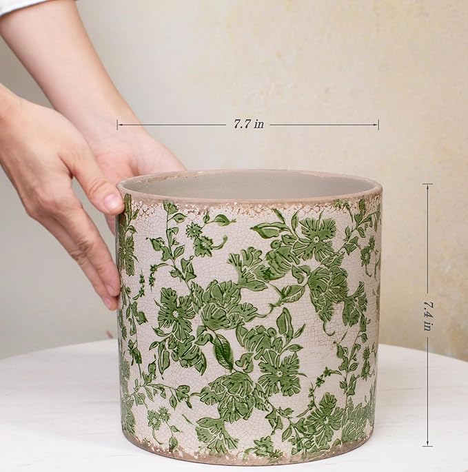 7.7" Large Green Plant Pots, Flower Pots Without Drainage, French Country Farmhouse Pots for Plants, Tree Pot for Olive & Money Tree, Garden & Home Decor, Gifts for Women, Indoor/Outdoor Planters