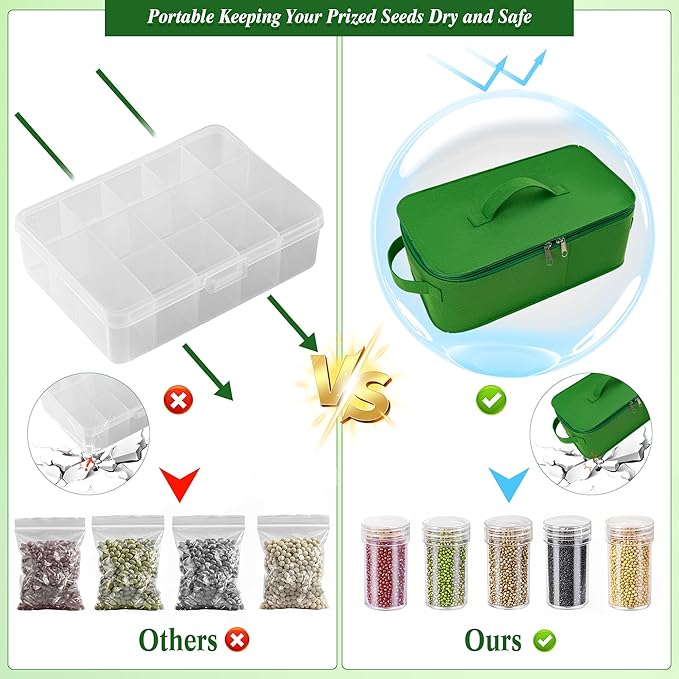 GOCOHHI Seed Storage Organizer, 60 Slots Seed Saving Box, Thick Fabric Seed Bin 3 Compartment Seed Packet Container for Vegetable Flower Plants Garden