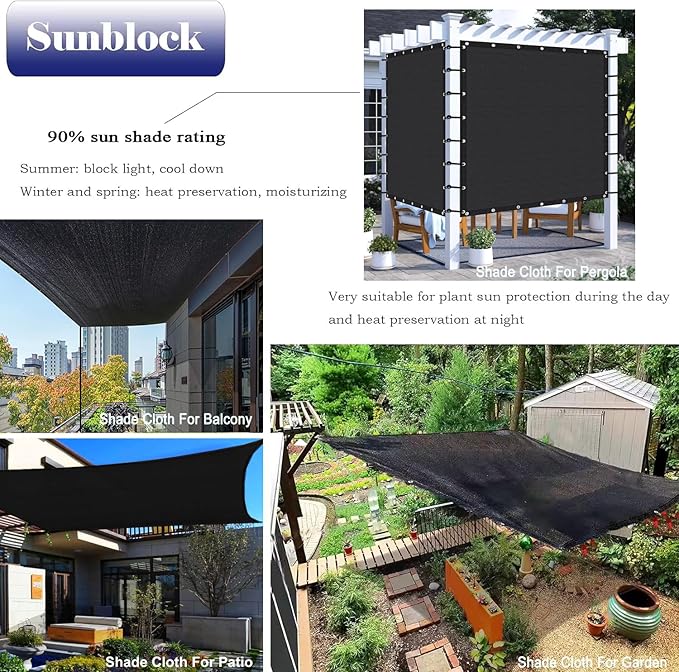 JUNKOGO 12x15 Ft Shade Cloth for Garden, 90% Black Sun Shade Fabric with Grommets for Plants Heat Protection, Outdoor Sunblock Mesh Cover for Greenhouse, Balcony, Deck, Porch, Carport, Pool