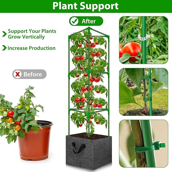 Tomato Cages for Garden with 3 Grow Bags 10 Gallons, 3 Pack Metal Tomato Cage Trellis, Garden Cage Heavy Duty Tomato Stake Support
