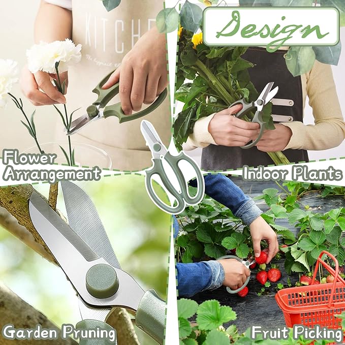 3 Pcs Green Garden Flower Scissors Shears,Premium Stainless Steel Floral Shears,Floral Scissors Pruning Shears for Flower Arrangement,Fruit Picking Trimming