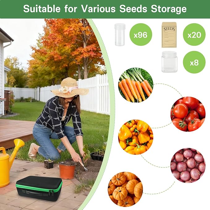 104 Slots Seed Storage Organizer Box with 20 Envelopes, Garden Seed Containers 1 oz 5 oz with Labels, Seed Packet for Plant, Flower,Vegetable Seeds