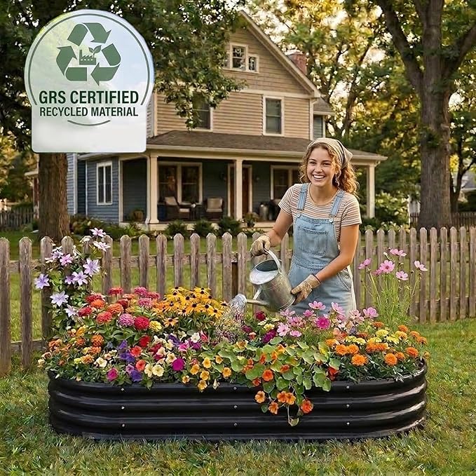 Raised Garden Bed GRS Certified Galvanized Planter Box Outdoor, 5ft Oval Rot-Resistant Metal Garden Bed Planter, Recycled Material Planter for Vegetables Flowers Herbs (Black)