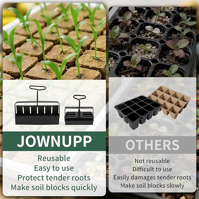 Soil Block Maker Bundle - Large 2" and Small 0.67" Handle Manual Soil Blocker 2 Inch with 3 Types of Seed Pins, Seedling Tray, Grow Tweezer - Seed Starter Tool for Garden Seedlings, Cuttings