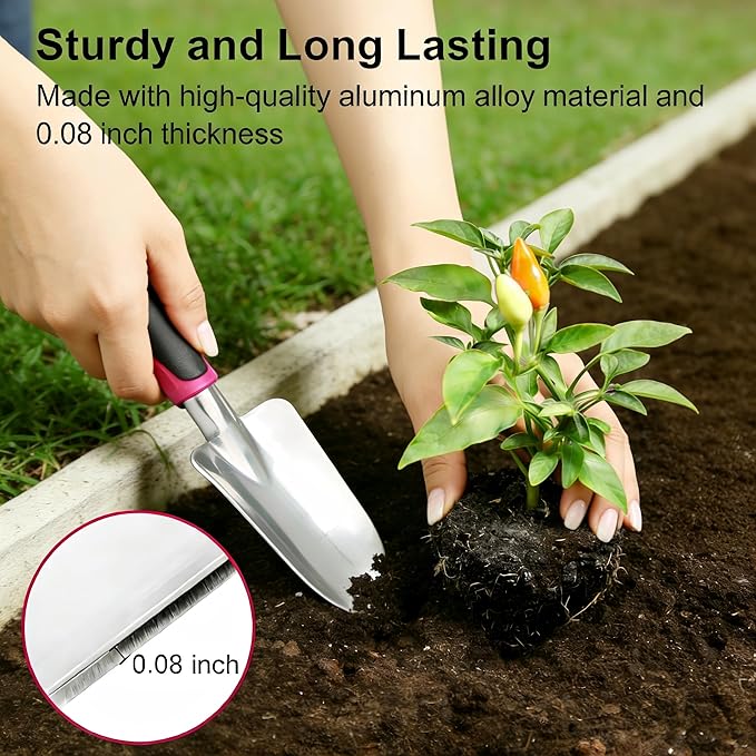 Garden Tools Set, 3-Piece Heavy Duty Gardening Hand Tools, Rust-Proof Cast Aluminum Construction with Soft Non-Slip Rubber Grips, Ideal for Digging, Planting, Weeding & Transplanting (Purple)