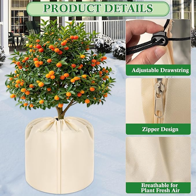 2 Pcs Plant Pot Covers, Winter Plant Pot Covers Freeze Protection, 17.7" x19.7" Flower Pot Protection Bag with Drawstring and Zipper, Reusable Garden Plant Flower Pot Cover for Keeping Warm