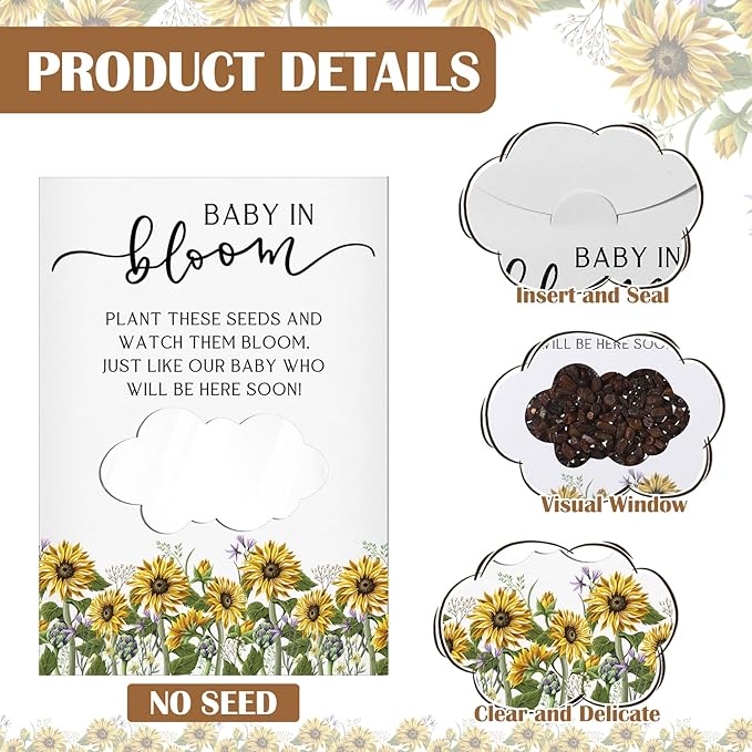 Fumete 50 Pack Baby in Bloom Seed Packets Baby Shower Party Favor for Guest Envelopes Kraft with Clear Window Resealable Seed Organizer Storage Bag for Gender Reveal Party, No Seeds(Sunflower)