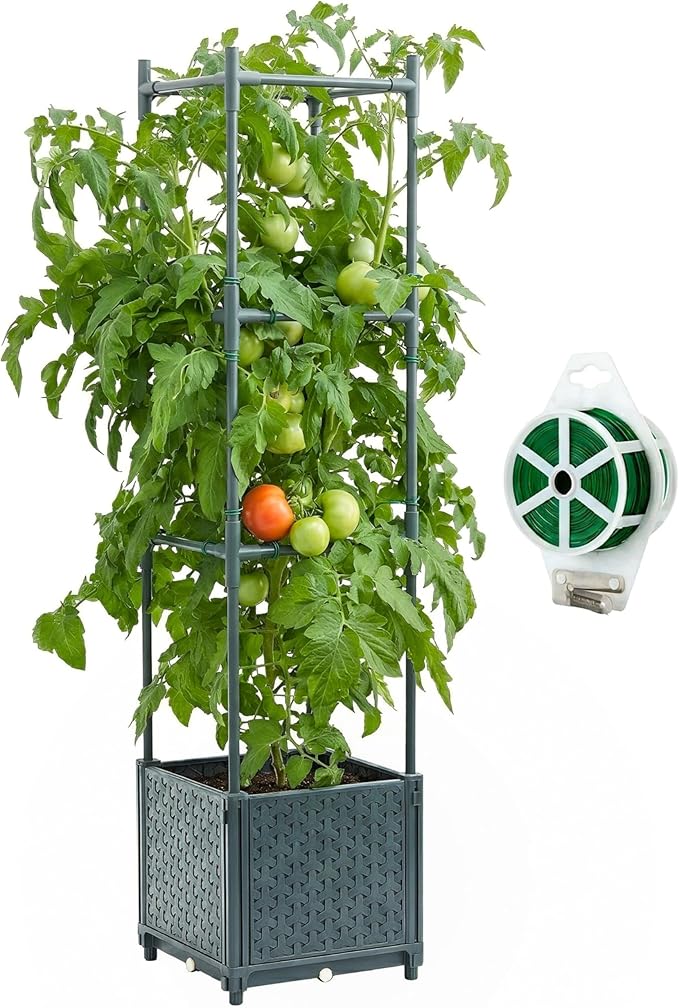 Raised Garden Bed Tomato Planter Box with Trellis, 41.3" Tomato Planters Cage w/Self-Watering for Climbing Plants Vegetables, Patio Indoor Outdoor