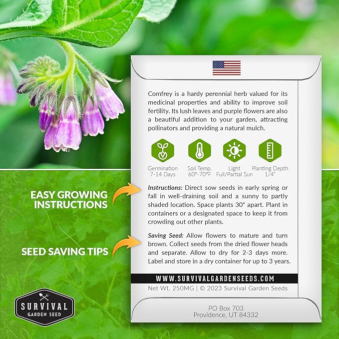 Comfrey Seeds for Planting - Symphytum Officinale Medicinal Perennial Herb for Compost Tea & Natural Skincare - True Slippery Root Non-GMO Heirloom - Survival Garden Seeds (5 Pack)