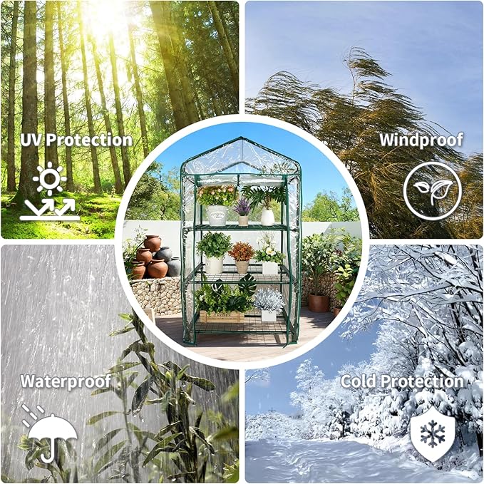 Mini Greenhouse for Indoor Outdoor, Small Plants Green House with 3 Tier Shelves, Portable Plastic Greenhouses with Transparent PVC Cover for Garden Backyard Patio Balcony Porch