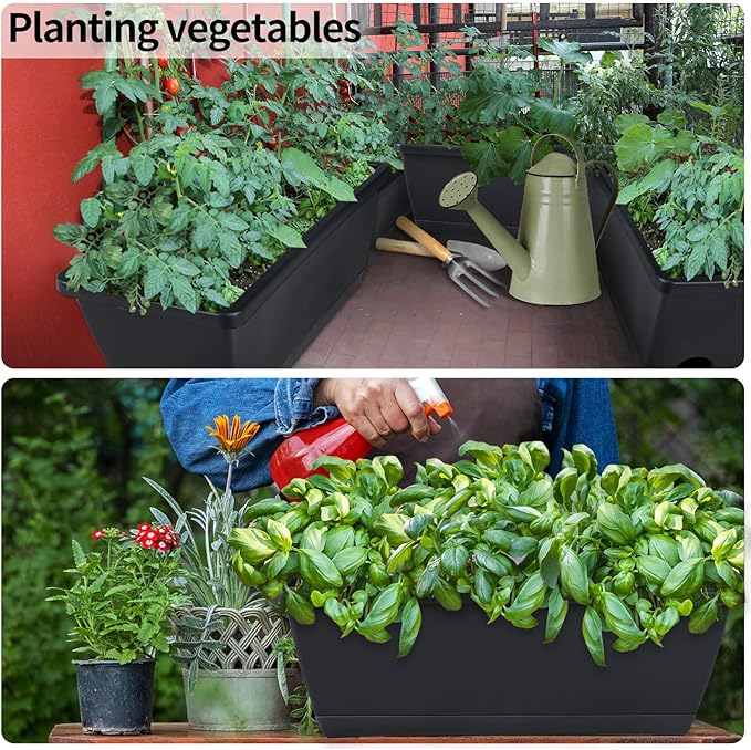 CHUKEMAOYI Window Box Planter, 10 Pack Plastic Vegetable Flower Planters Boxes 17 Inches Rectangular Flower Pots with Saucers for Indoor Outdoor Garden, Patio, Home Decor (Black)