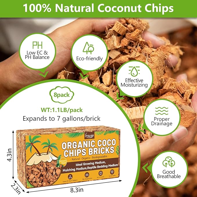 Legigo 8 Pack Coco Coir Chips for Plants- 8.8 LB 100% Organic Coconut Chips Brick Potting Mix with Low EC & PH Balance, Coconut Husk Substrate Coco Husk Mulch for Garden, Planting, Orchid and Soil Mix