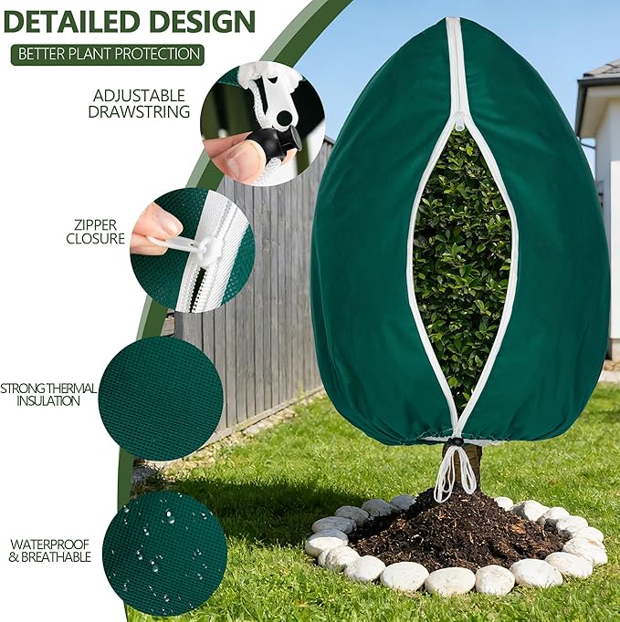 Plant Covers Freeze Protection, 4 Pack Frost Cloth with Zipper Drawstring 47’’×71’’, Reusable Outdoor Protection Jacket for Shrub Tree Potted Plants Winter Cold Weather(Green)