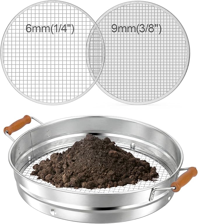 Stainless Steel Soil Sifter with Wood Handle - 14 Inch Large Garden Sieve & Compost Screen Pan for Dirt, Rocks, Gravel & Sand - 2 Heavy Duty Rustproof Replaceable Meshes (6mm & 9mm)
