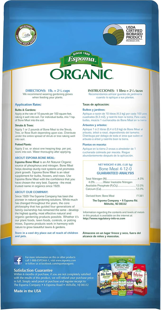 Espoma Organic Bone Meal Fertilizer 4-12-0. All-Natural Plant Food Source of Nitrogen and Phosphorus for Organic Gardening. for Bulbs & Other Flowering Plants; Pack of 3