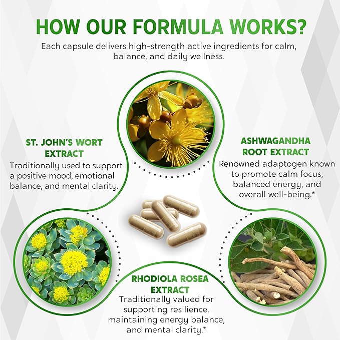 ST John's Wort 14-in-1 Natural Blend with Rhodiola Ashwagandha Chamomile Holy Basil L-Theanine Valerian Passionflower - 150 Count