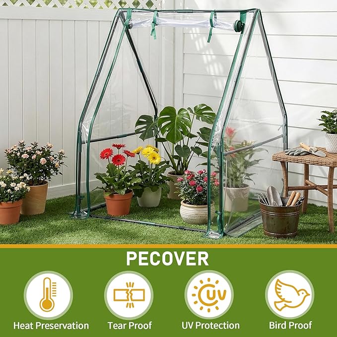 Outvita Mini Greenhouse, Outdoor 3'x3'x3' UV Protected 2-Layer PVC Cover Plant Hot House for Flowers, Seed and Vegetables Protection with Roll-up Zippered Doors for Patio Balcony Backyard