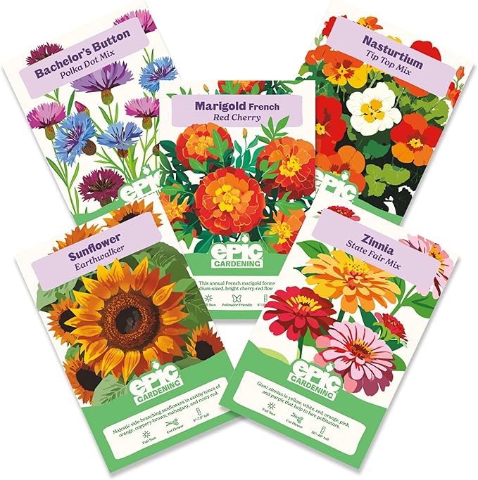 Epic Gardening Flower Garden Seed Collection - 5 Stunning Varieties, Includes Sunflowers, Zinnias, Nasturtiums & More, Brighten Your Garden with Blooms That Attract Pollinators Like Bees & Butterflies