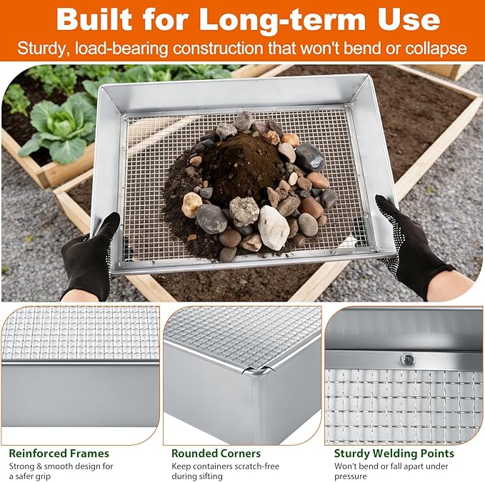 cyrico Soil Sifter for Gardening 2 Pack, 17.5 x 11.5 Inch Large Compost Sifter, Heavy Duty Metal Garden Sieve with 1/4 & 1/8 Inch Mesh Screens, Sifting Pan Tray for Rock, Dirt, Gravel, Sawdust, Sand