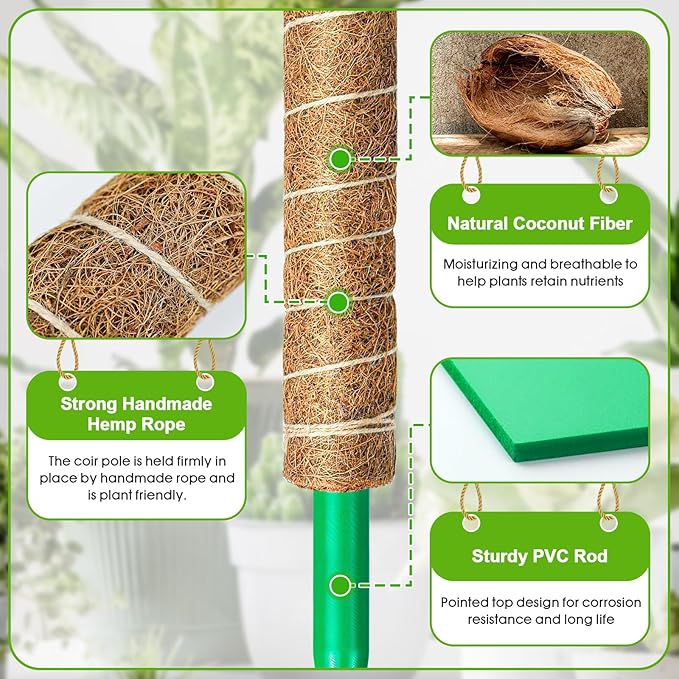 EAONE Moss Pole 128 Inch, 8 Pack 16" Monstera Plant Support for Climbing Potted Live Plants Indoor, Stackable Coco Coir Moss Sticks Monstera Stakes for Pothos Philodendron, with Garden Labels & Ties