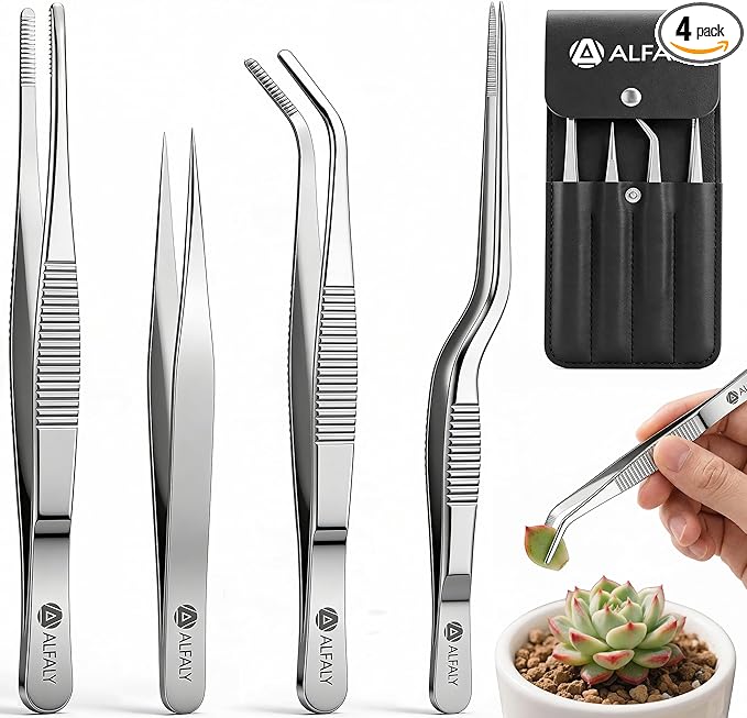 4pcs Garden Tweezers Set - 6.3" Long Plant Tweezers for Succulent, Bonsai & Cactus Gardening - Stainless Steel Multi Purpose Seed Tweezer Tools For Kitchen, Crafts, Aquarium, Reptile